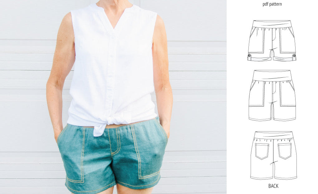 Pdf sewing pattern S1075 Jakarta woven shorts with pockets and yoga waistband by Sinclair Patterns