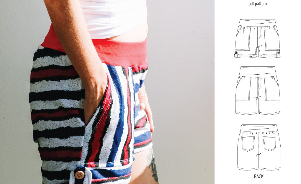 Pdf sewing pattern S1075 Jakarta woven shorts with pockets and yoga waistband by Sinclair Patterns