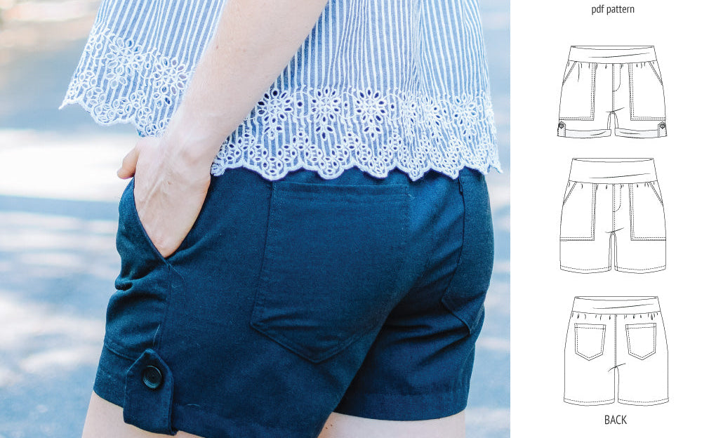 Pdf sewing pattern S1075 Jakarta woven shorts with pockets and yoga waistband by Sinclair Patterns