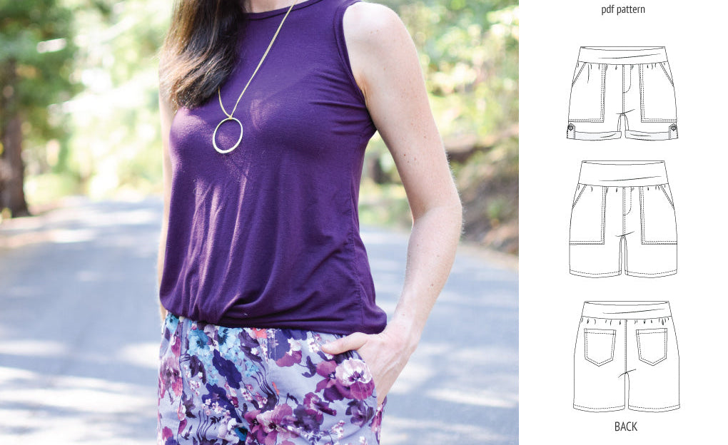 Pdf sewing pattern S1075 Jakarta woven shorts with pockets and yoga waistband by Sinclair Patterns