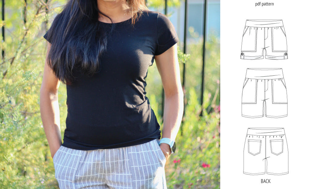 Pdf sewing pattern S1075 Jakarta woven shorts with pockets and yoga waistband by Sinclair Patterns
