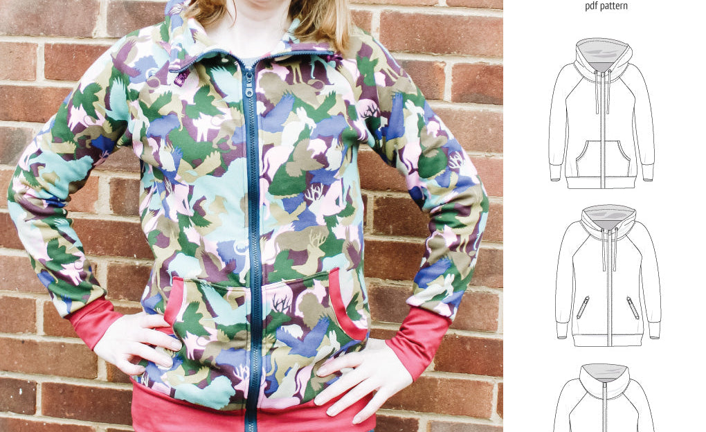 Sinclair Patterns S1080 Journey zip up zippered knit raglan hoodie for women with kangaroo, zippered or cargo pockets pdf sewing pattern
