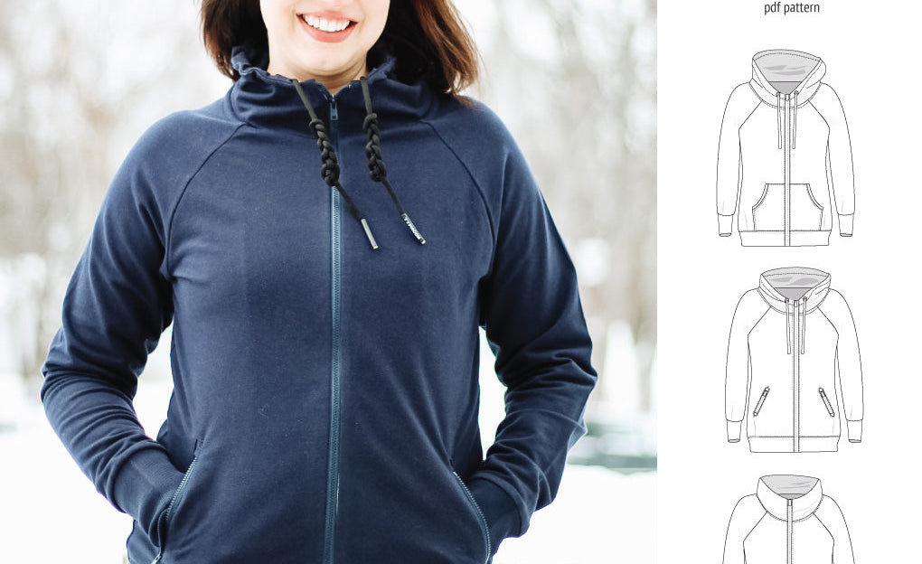Sinclair Patterns S1080 Journey zip up zippered knit raglan hoodie for women with kangaroo, zippered or cargo pockets pdf sewing pattern