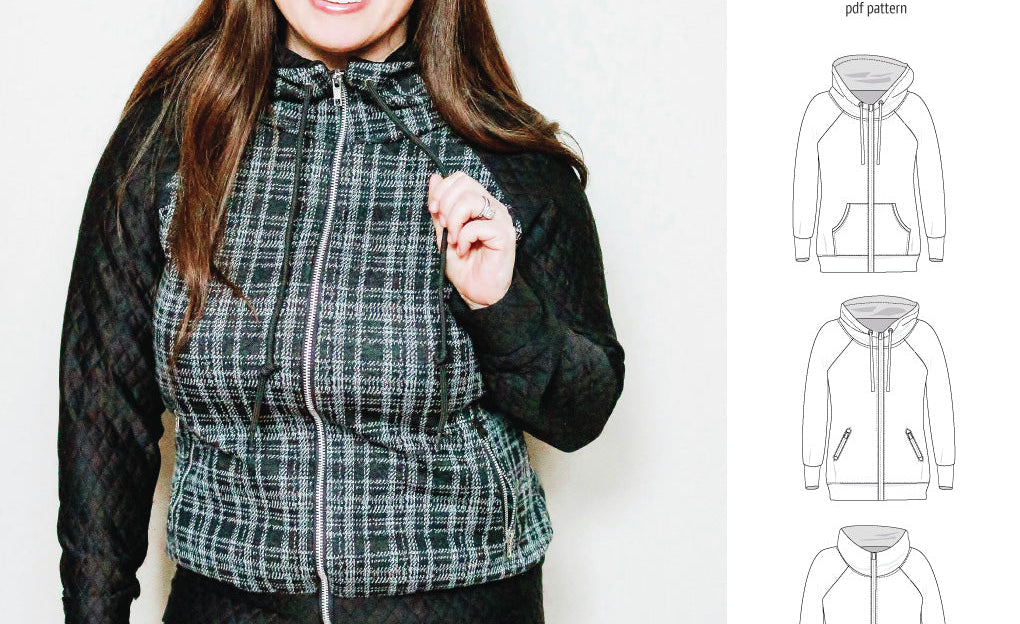 Sinclair Patterns S1080 Journey zip up zippered knit raglan hoodie for women with kangaroo, zippered or cargo pockets pdf sewing pattern