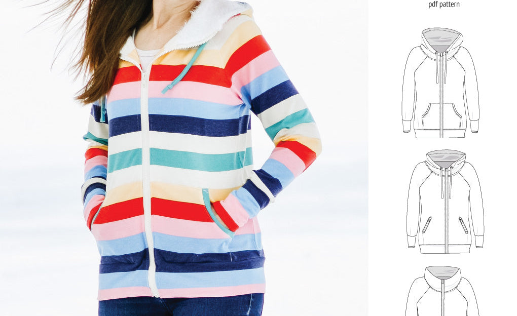 Sinclair Patterns S1080 Journey zip up zippered knit raglan hoodie for women with kangaroo, zippered or cargo pockets pdf sewing pattern