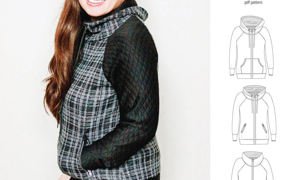 Sinclair Patterns S1080 Journey zip up zippered knit raglan hoodie for women with kangaroo, zippered or cargo pockets pdf sewing pattern