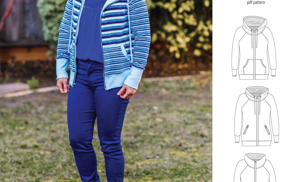 Sinclair Patterns S1080 Journey zip up zippered knit raglan hoodie for women with kangaroo, zippered or cargo pockets pdf sewing pattern