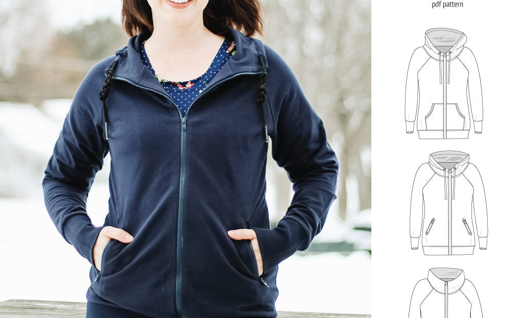 Sinclair Patterns S1080 Journey zip up zippered knit raglan hoodie for women with kangaroo, zippered or cargo pockets pdf sewing pattern