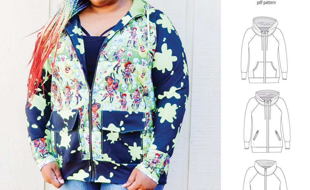 Sinclair Patterns S1080 Journey zip up zippered knit raglan hoodie for women with kangaroo, zippered or cargo pockets pdf sewing pattern