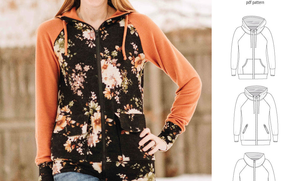 Sinclair Patterns S1080 Journey zip up zippered knit raglan hoodie for women with kangaroo, zippered or cargo pockets pdf sewing pattern