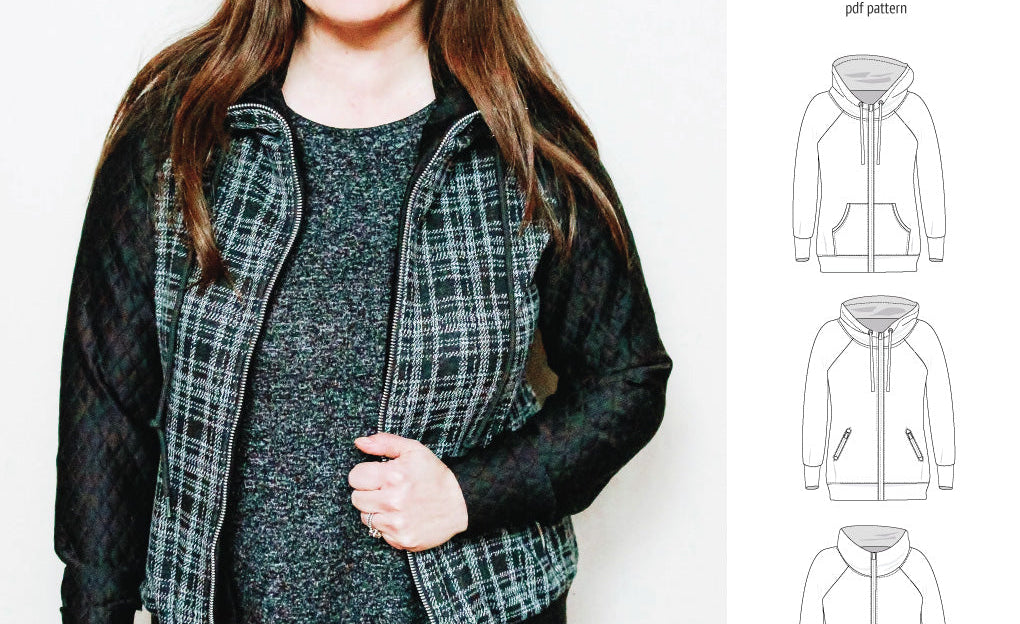 Sinclair Patterns S1080 Journey zip up zippered knit raglan hoodie for women with kangaroo, zippered or cargo pockets pdf sewing pattern