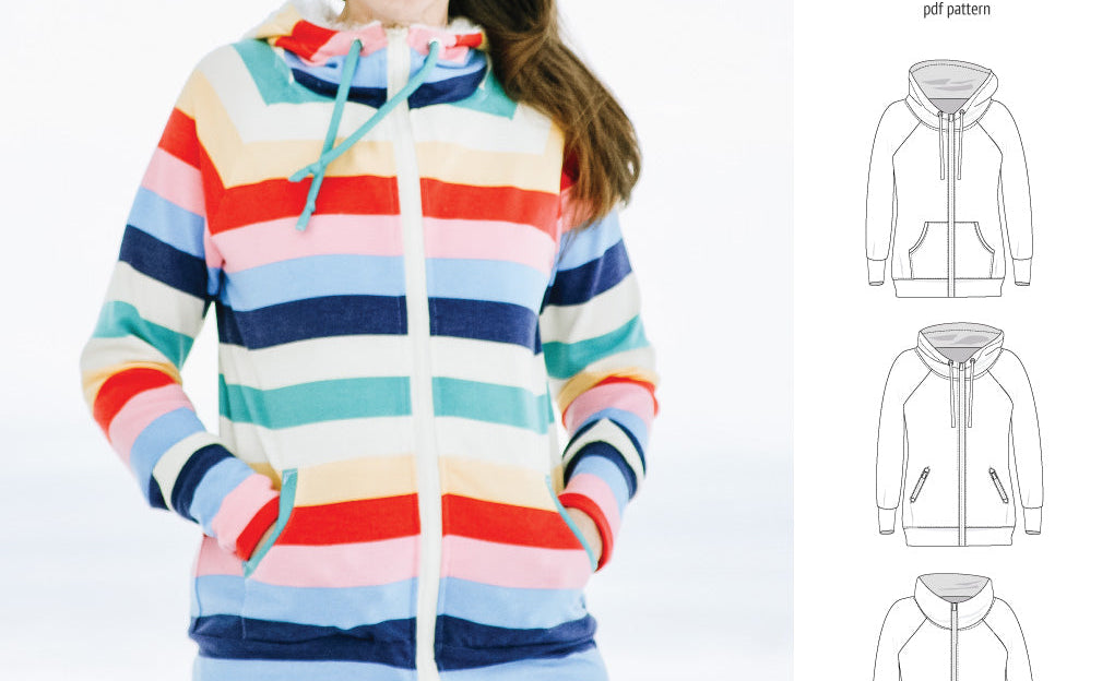 Sinclair Patterns S1080 Journey zip up zippered knit raglan hoodie for women with kangaroo, zippered or cargo pockets pdf sewing pattern
