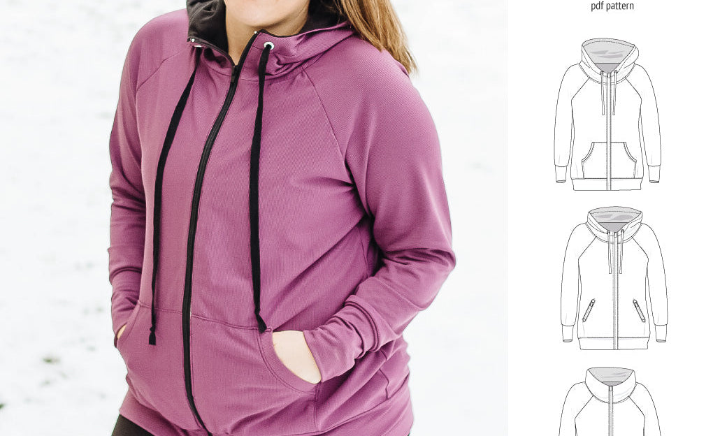 Sinclair Patterns S1080 Journey zip up zippered knit raglan hoodie for women with kangaroo, zippered or cargo pockets pdf sewing pattern