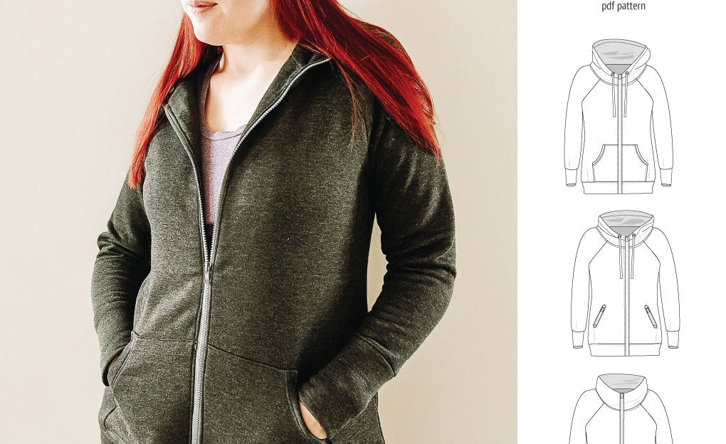 Sinclair Patterns S1080 Journey zip up zippered knit raglan hoodie for women with kangaroo, zippered or cargo pockets pdf sewing pattern