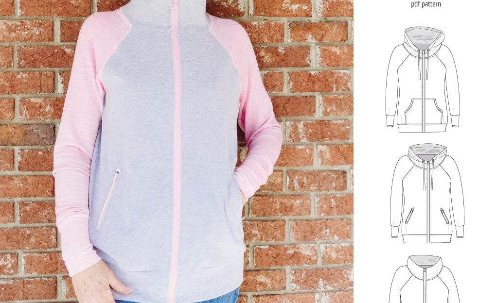 Sinclair Patterns S1080 Journey zip up zippered knit raglan hoodie for women with kangaroo, zippered or cargo pockets pdf sewing pattern