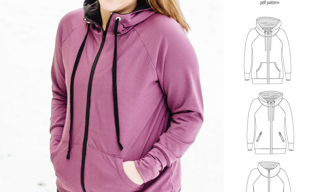 Sinclair Patterns S1080 Journey zip up zippered knit raglan hoodie for women with kangaroo, zippered or cargo pockets pdf sewing pattern