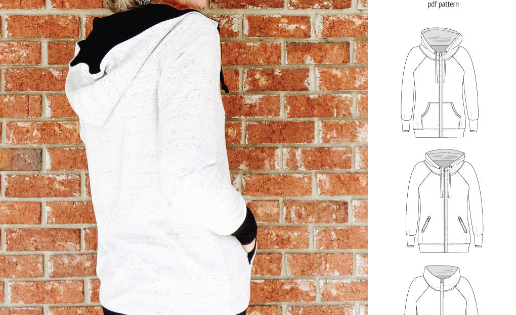 Sinclair Patterns S1080 Journey zip up zippered knit raglan hoodie for women with kangaroo, zippered or cargo pockets pdf sewing pattern