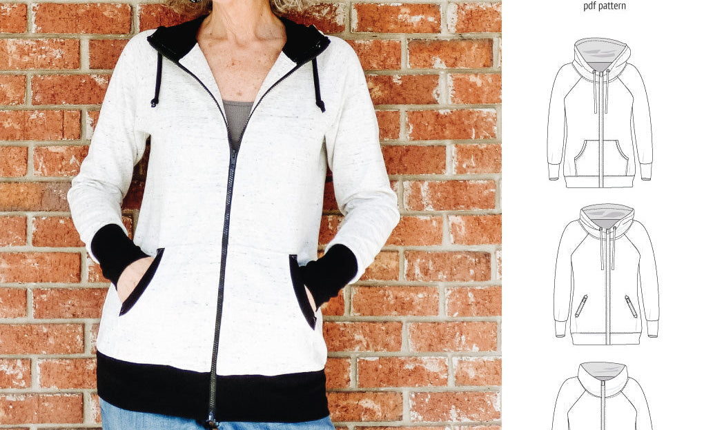 Sinclair Patterns S1080 Journey zip up zippered knit raglan hoodie for women with kangaroo, zippered or cargo pockets pdf sewing pattern