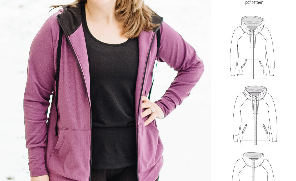 Sinclair Patterns S1080 Journey zip up zippered knit raglan hoodie for women with kangaroo, zippered or cargo pockets pdf sewing pattern