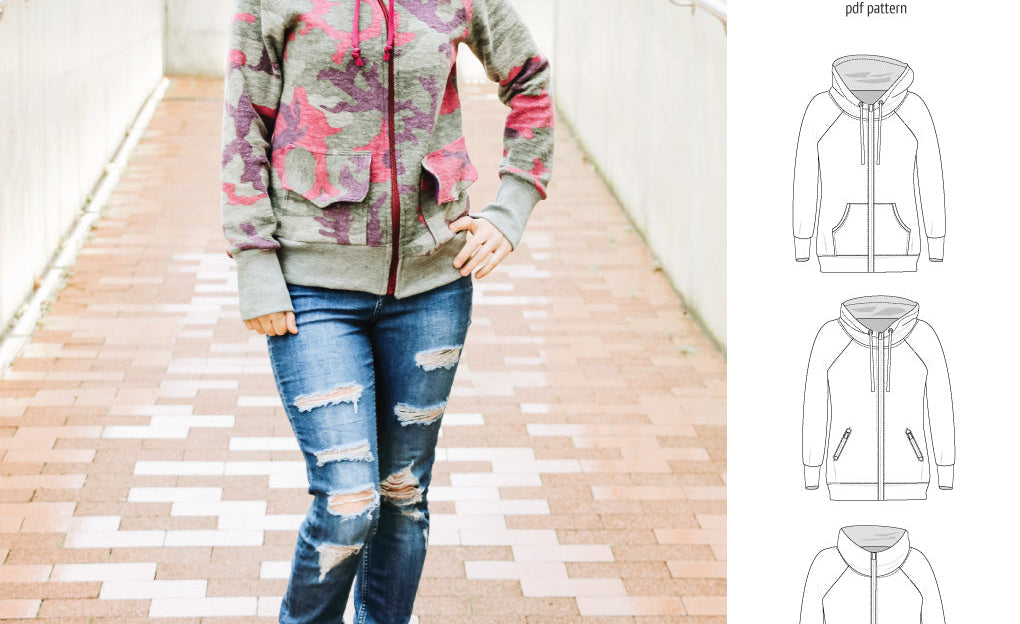 Sinclair Patterns S1080 Journey zip up zippered knit raglan hoodie for women with kangaroo, zippered or cargo pockets pdf sewing pattern