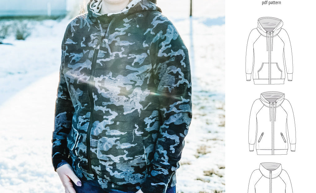 Sinclair Patterns S1080 Journey zip up zippered knit raglan hoodie for women with kangaroo, zippered or cargo pockets pdf sewing pattern