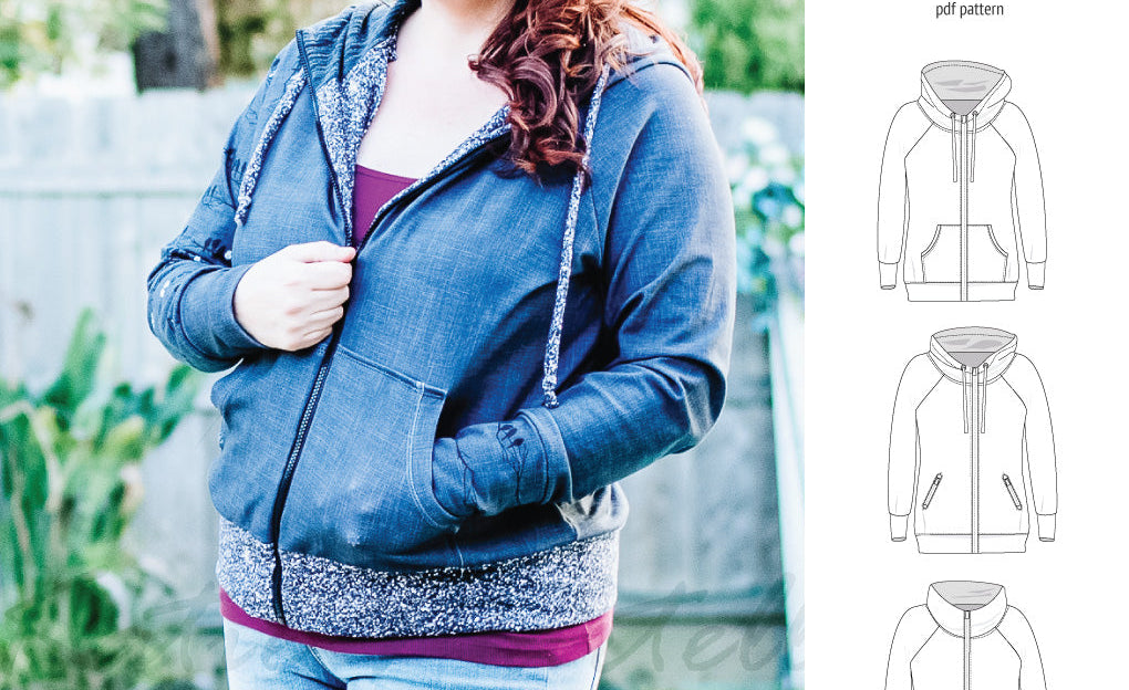 Sinclair Patterns S1080 Journey zip up zippered knit raglan hoodie for women with kangaroo, zippered or cargo pockets pdf sewing pattern