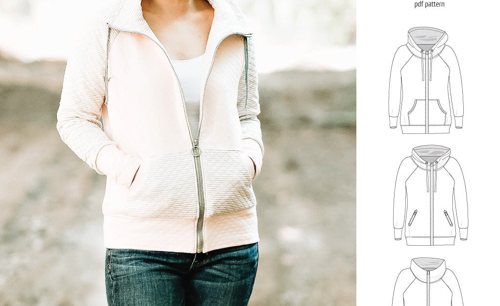 Sinclair Patterns S1080 Journey zip up zippered knit raglan hoodie for women with kangaroo, zippered or cargo pockets pdf sewing pattern