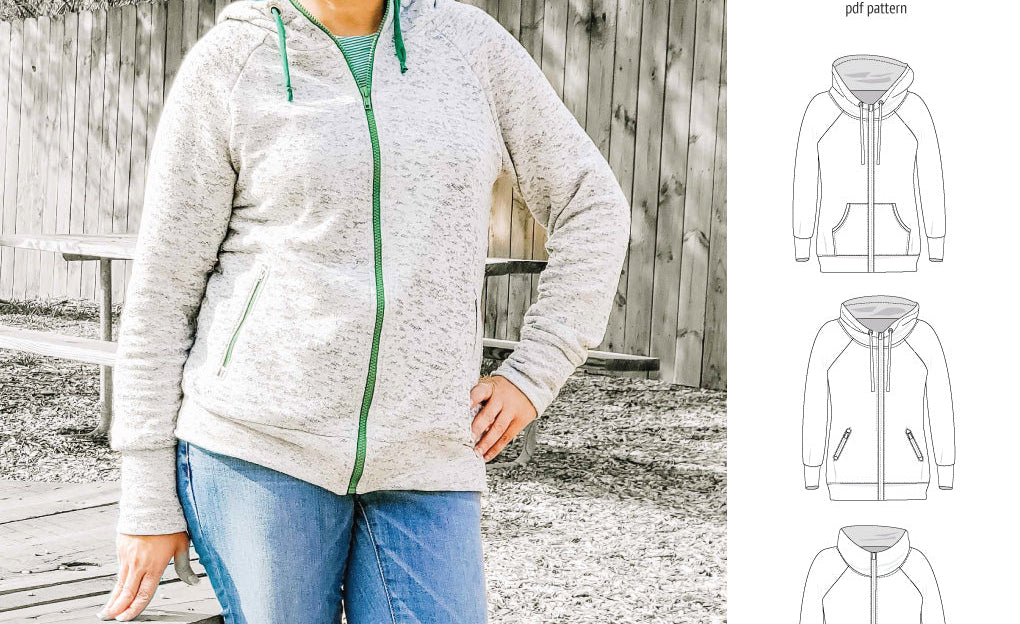 Sinclair Patterns S1080 Journey zip up zippered knit raglan hoodie for women with kangaroo, zippered or cargo pockets pdf sewing pattern