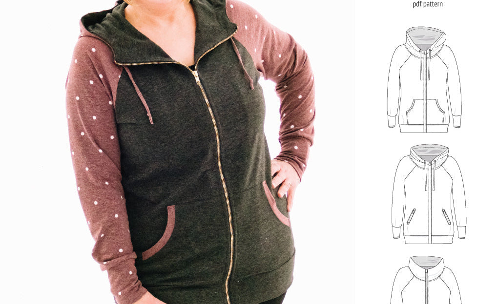 Sinclair Patterns S1080 Journey zip up zippered knit raglan hoodie for women with kangaroo, zippered or cargo pockets pdf sewing pattern
