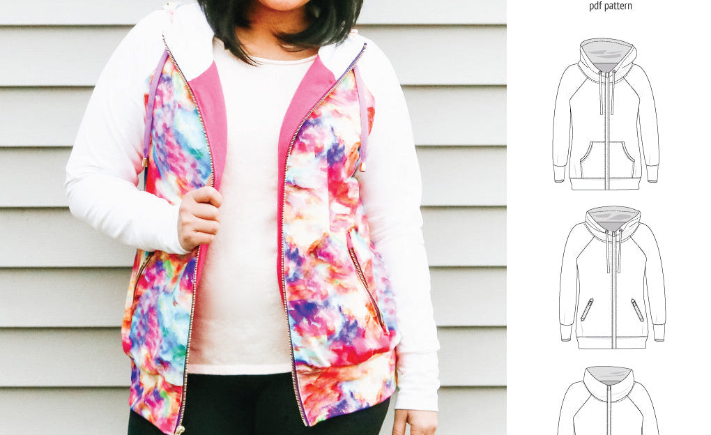 Sinclair Patterns S1080 Journey zip up zippered knit raglan hoodie for women with kangaroo, zippered or cargo pockets pdf sewing pattern