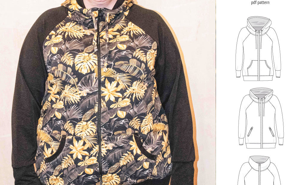 Sinclair Patterns S1080 Journey zip up zippered knit raglan hoodie for women with kangaroo, zippered or cargo pockets pdf sewing pattern