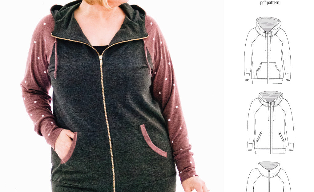 Sinclair Patterns S1080 Journey zip up zippered knit raglan hoodie for women with kangaroo, zippered or cargo pockets pdf sewing pattern