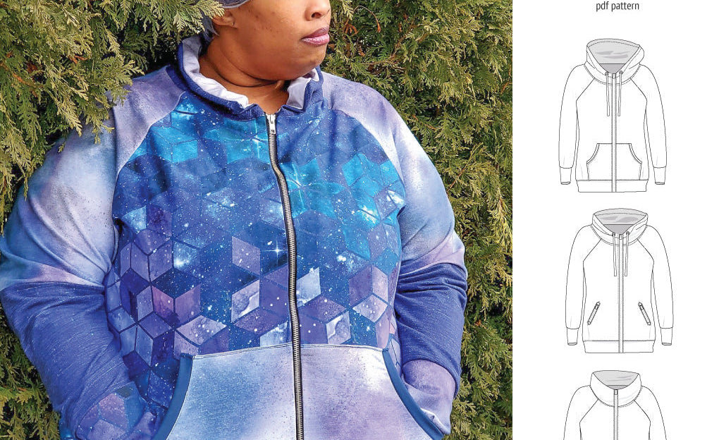 Sinclair Patterns S1080 Journey zip up zippered knit raglan hoodie for women with kangaroo, zippered or cargo pockets pdf sewing pattern