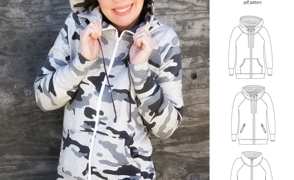 Sinclair Patterns S1080 Journey zip up zippered knit raglan hoodie for women with kangaroo, zippered or cargo pockets pdf sewing pattern