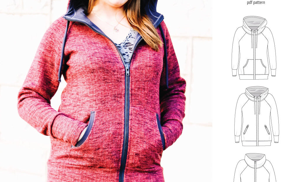 Sinclair Patterns S1080 Journey zip up zippered knit raglan hoodie for women with kangaroo, zippered or cargo pockets pdf sewing pattern