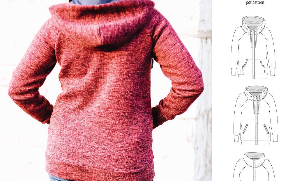 Sinclair Patterns S1080 Journey zip up zippered knit raglan hoodie for women with kangaroo, zippered or cargo pockets pdf sewing pattern