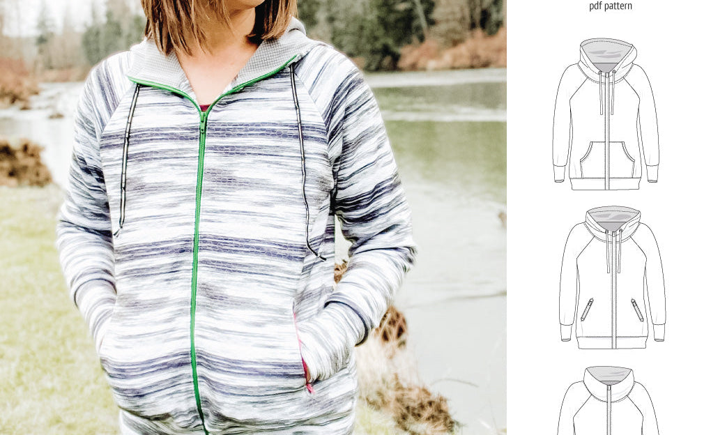 Sinclair Patterns S1080 Journey zip up zippered knit raglan hoodie for women with kangaroo, zippered or cargo pockets pdf sewing pattern