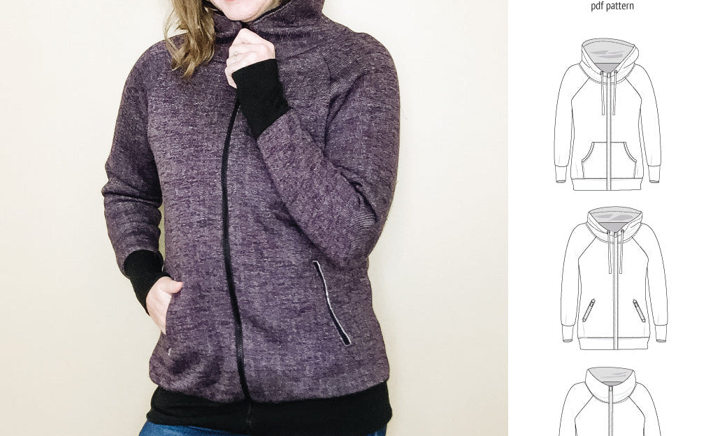Sinclair Patterns S1080 Journey zip up zippered knit raglan hoodie for women with kangaroo, zippered or cargo pockets pdf sewing pattern