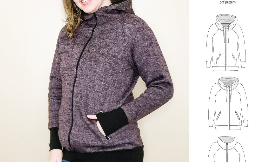 Sinclair Patterns S1080 Journey zip up zippered knit raglan hoodie for women with kangaroo, zippered or cargo pockets pdf sewing pattern