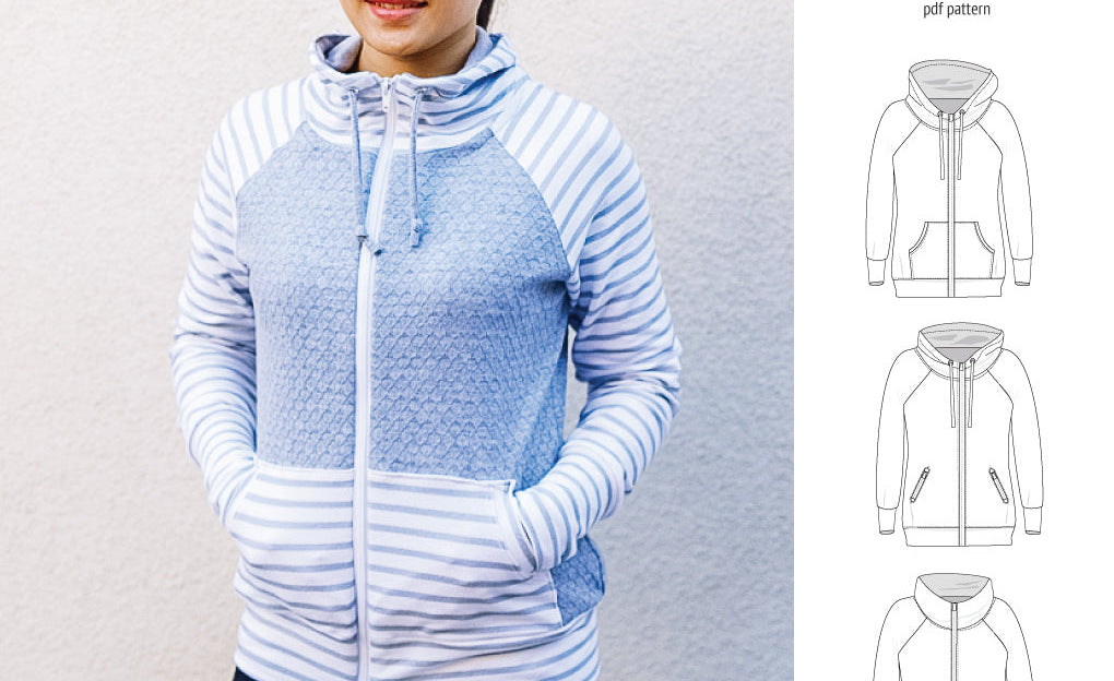 Sinclair Patterns S1080 Journey zip up zippered knit raglan hoodie for women with kangaroo, zippered or cargo pockets pdf sewing pattern