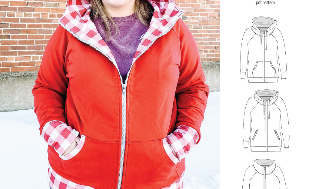 Sinclair Patterns S1080 Journey zip up zippered knit raglan hoodie for women with kangaroo, zippered or cargo pockets pdf sewing pattern