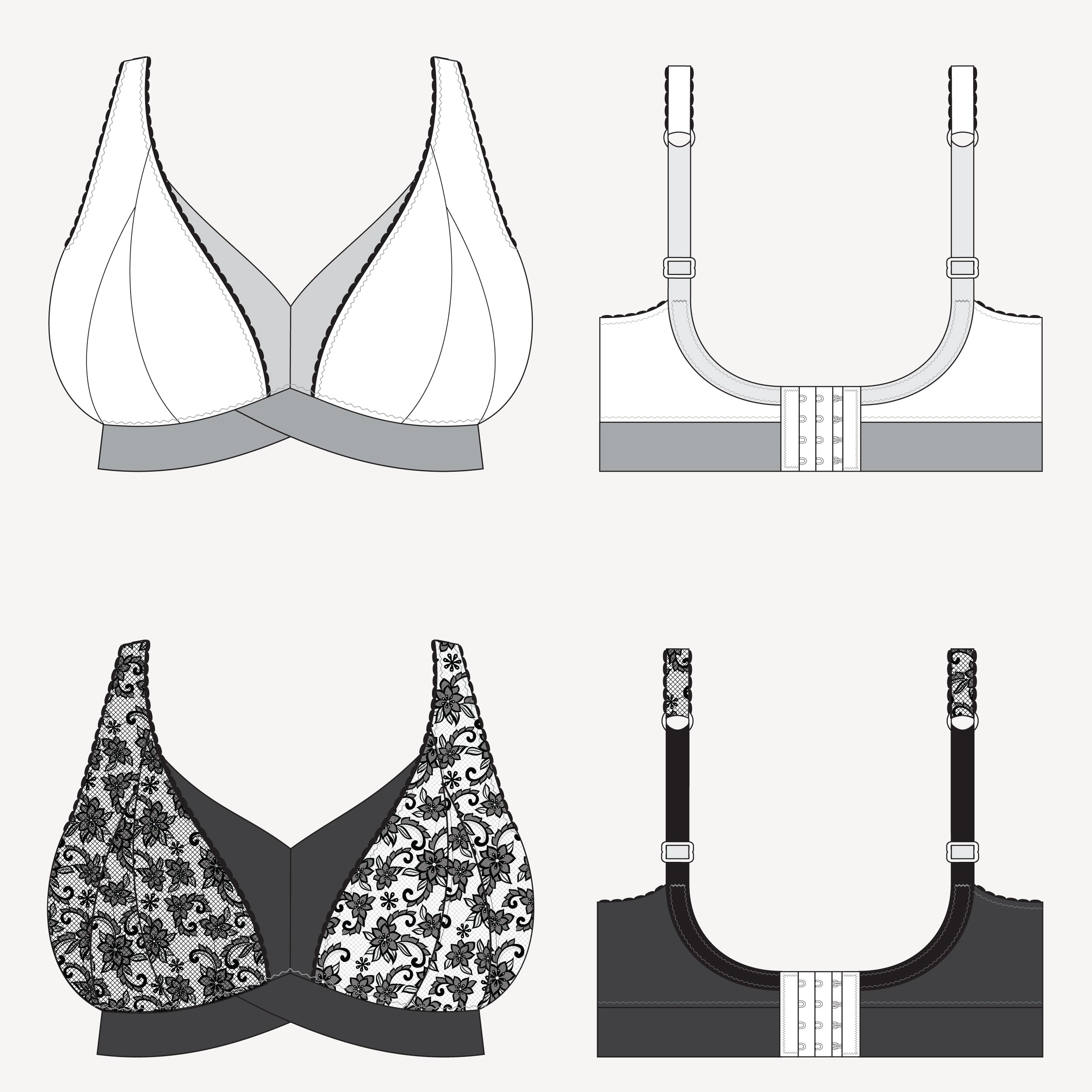 Illustrations of various bras from different angles on a white background. This bralette is the Loftus Bralette sewing pattern from Cashmerette.