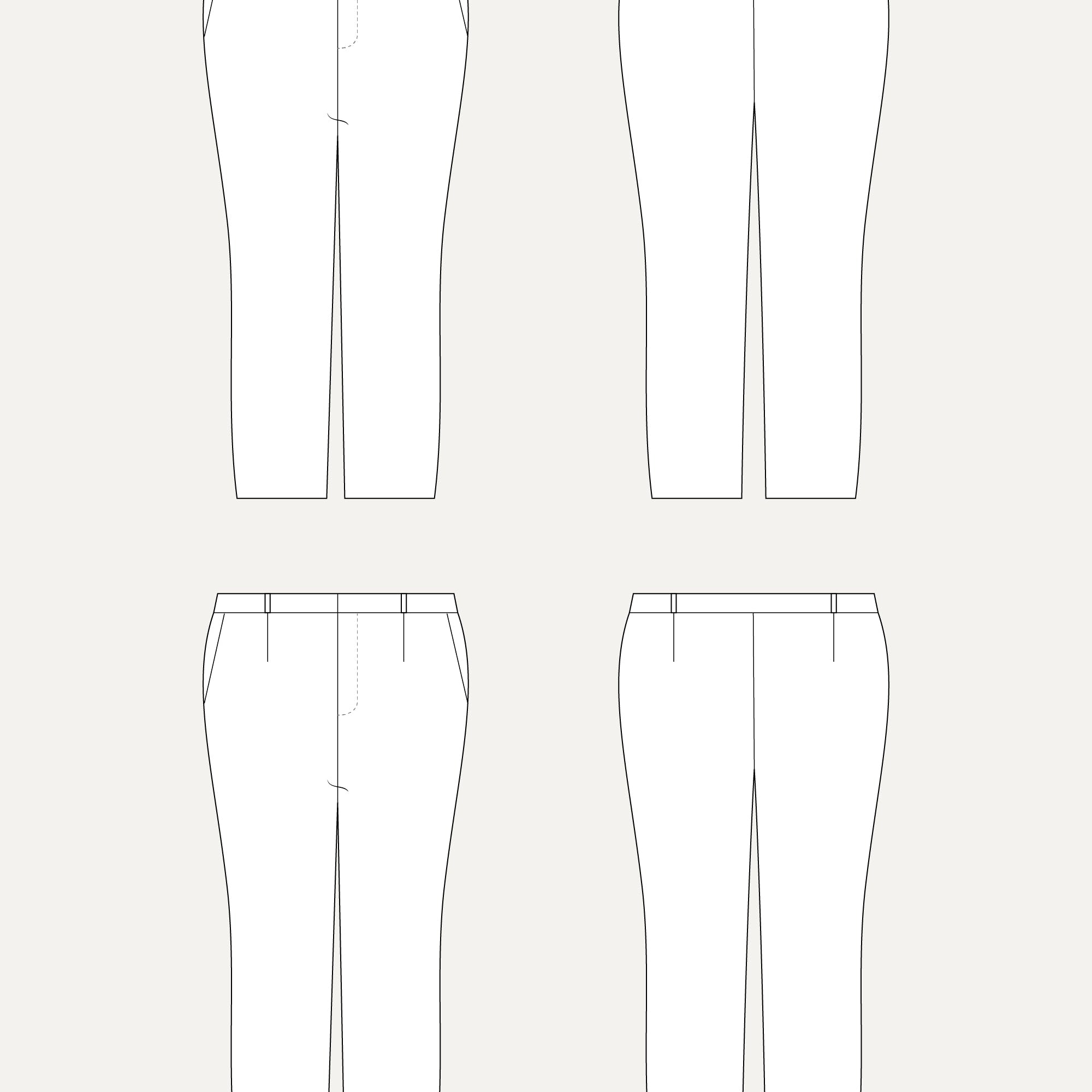 Technical drawing of a pair of pants from multiple angles on a white background. These pants are the Meriam Trousers sewing pattern from Cashmerette.