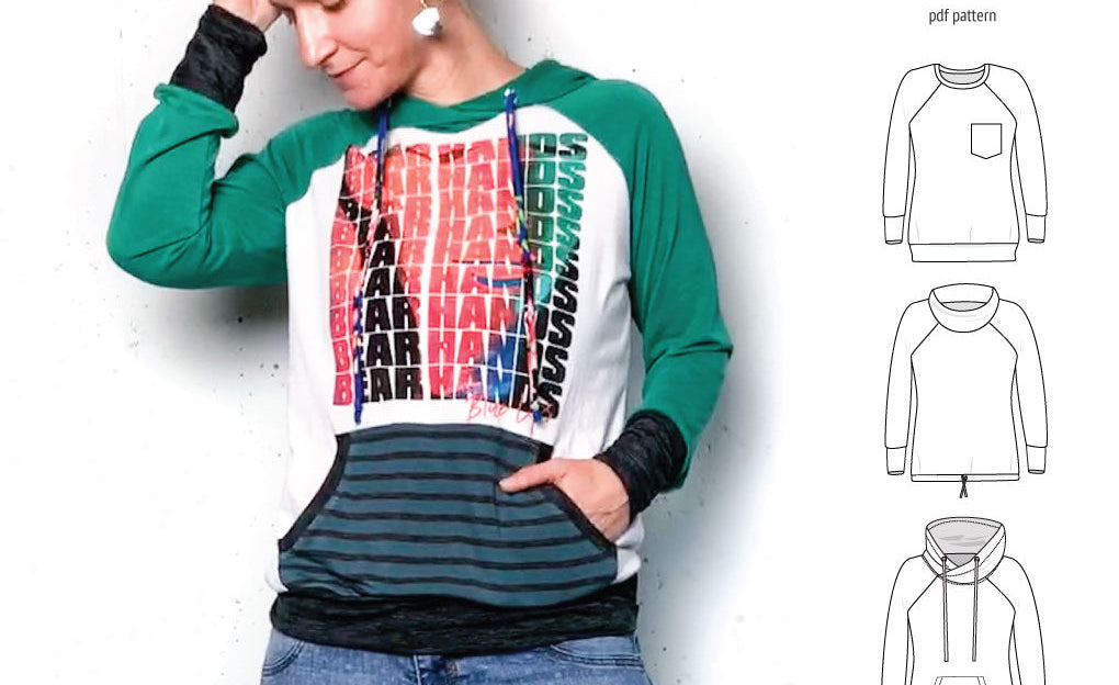 PDF sewing pattern Raglan sweatshirt sweater hoodie for women with kangaroo pocket, hood, cowl and drawstrings