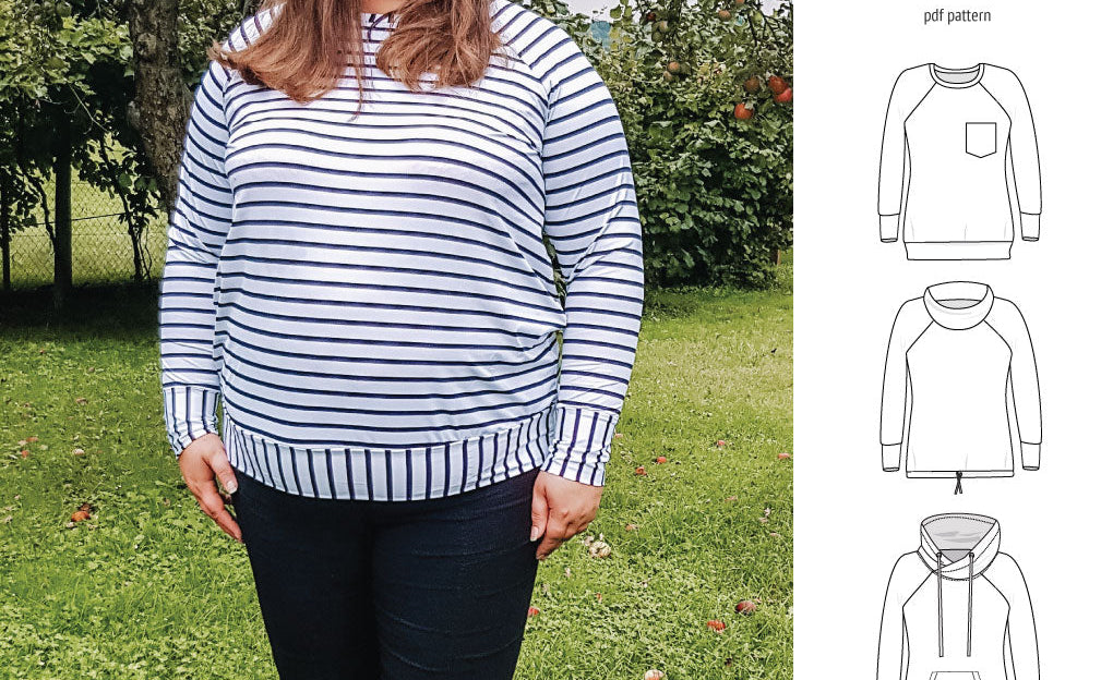 PDF sewing pattern Raglan sweatshirt sweater hoodie for women with kangaroo pocket, hood, cowl and drawstrings