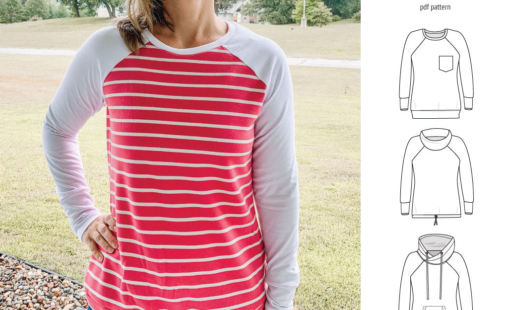 PDF sewing pattern Raglan sweatshirt sweater hoodie for women with kangaroo pocket, hood, cowl and drawstrings