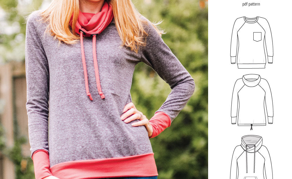 PDF sewing pattern Raglan sweatshirt sweater hoodie for women with kangaroo pocket, hood, cowl and drawstrings