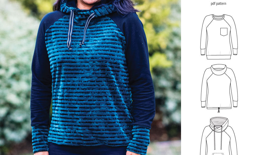 PDF sewing pattern Raglan sweatshirt sweater hoodie for women with kangaroo pocket, hood, cowl and drawstrings