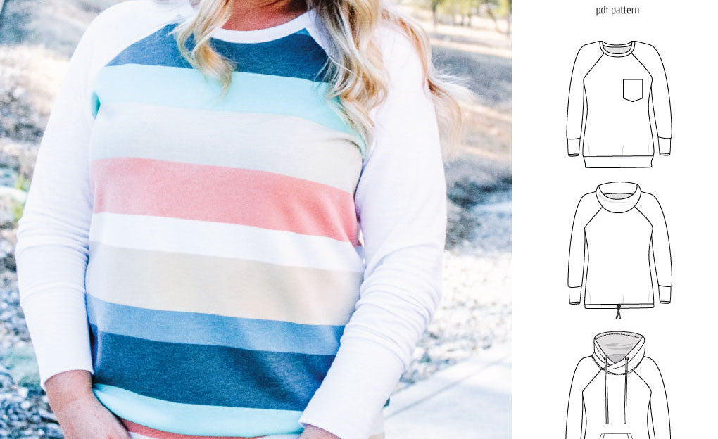 PDF sewing pattern Raglan sweatshirt sweater hoodie for women with kangaroo pocket, hood, cowl and drawstrings