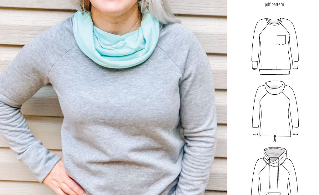 PDF sewing pattern Raglan sweatshirt sweater hoodie for women with kangaroo pocket, hood, cowl and drawstrings